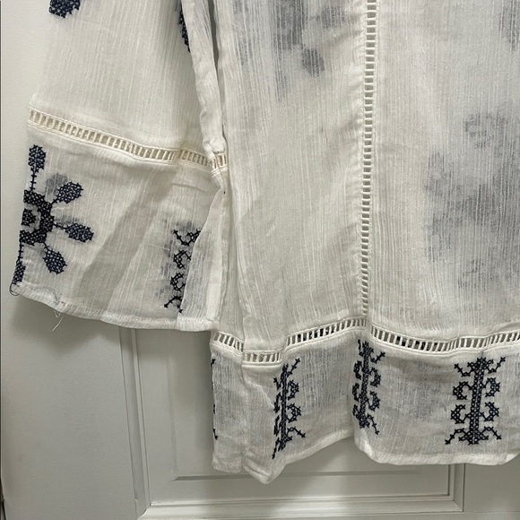 Monoreno Cotton Bohemian White Gauzy Blouse with Navy Embroidery - Size Small - Picture 10 of 14